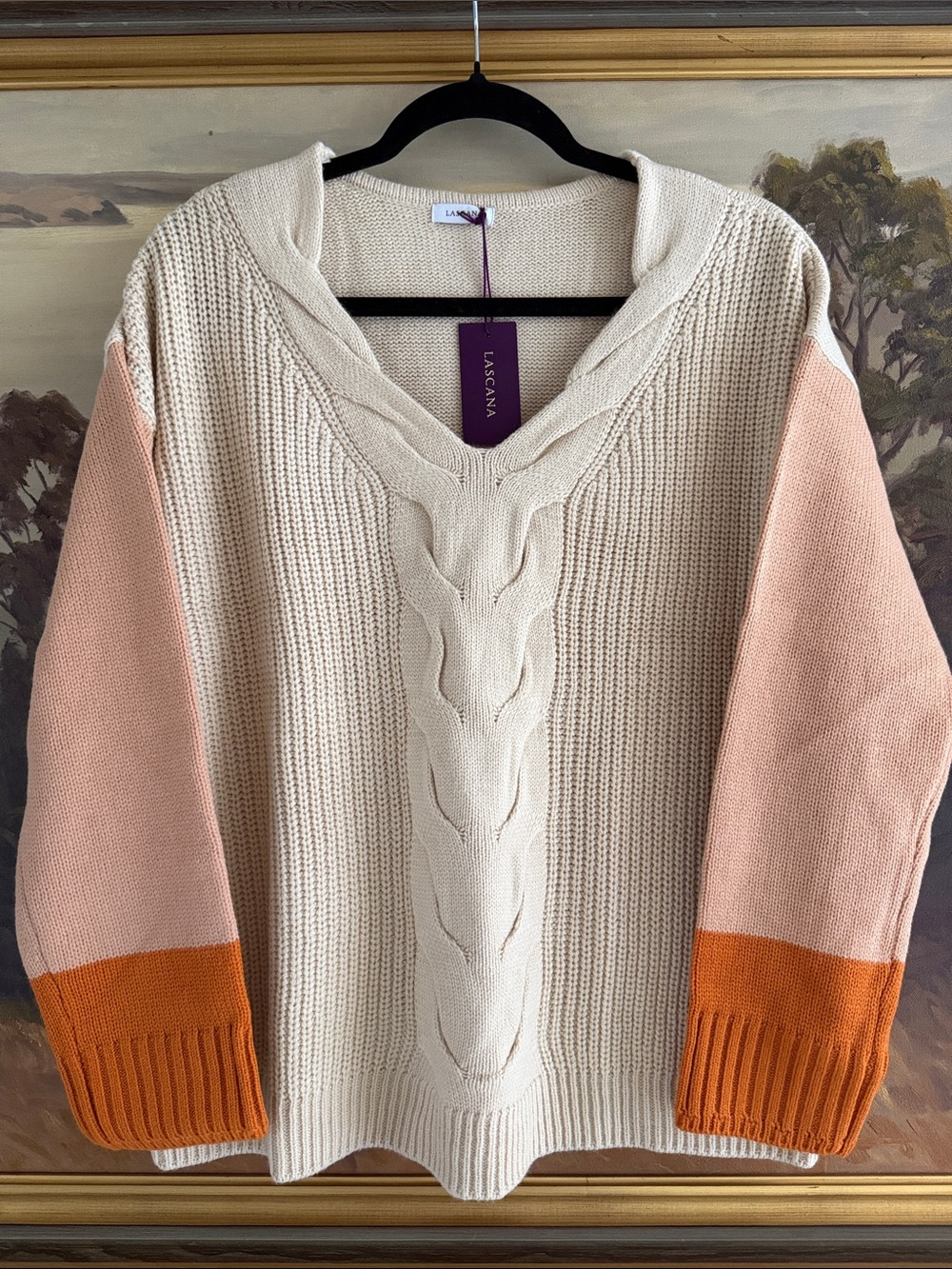 Lascana Cream Cable V-Neck Sweater with Pink and Orange Sleeves Size 4/6